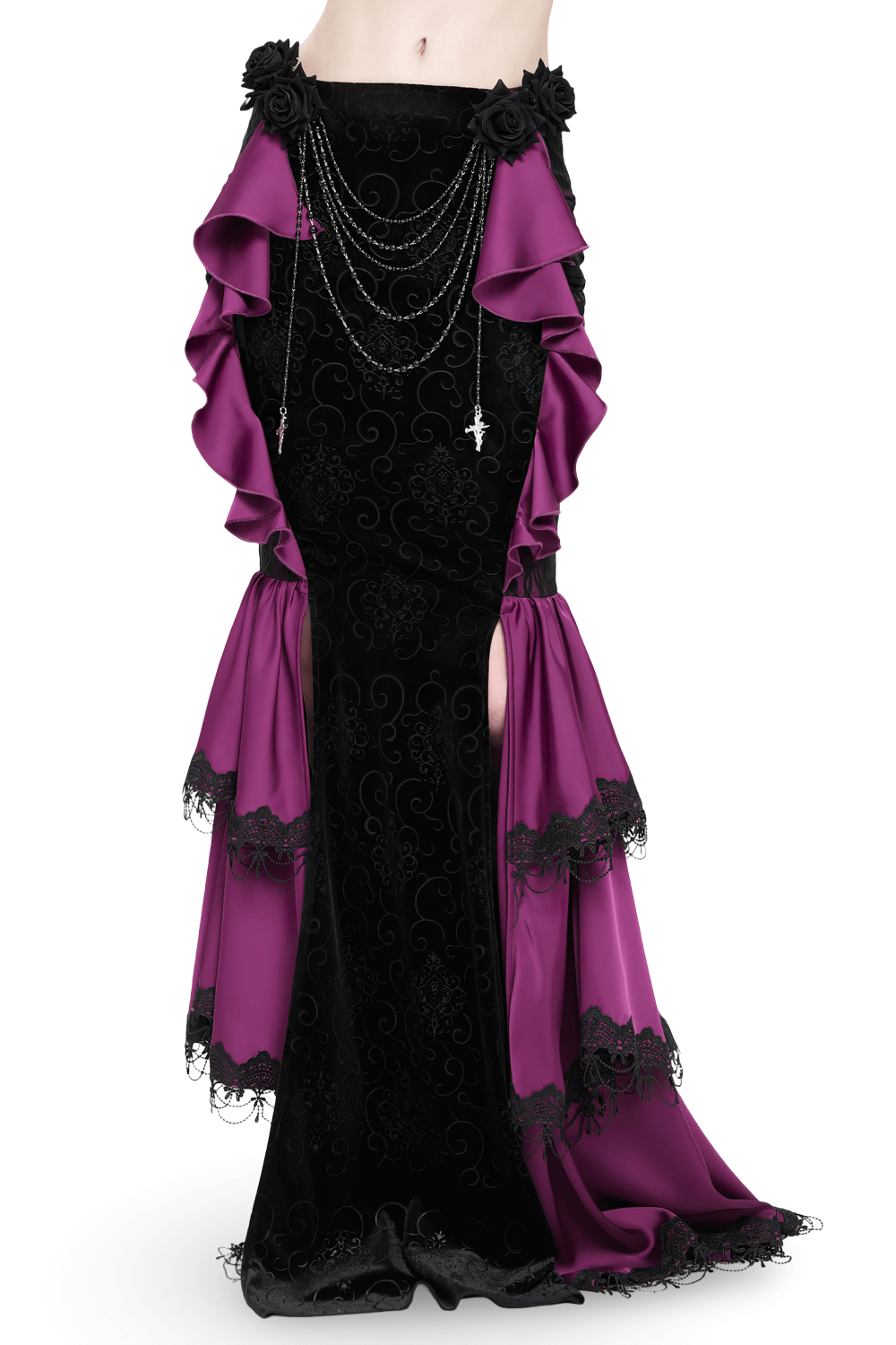 Gothic Velvet Maxi Skirt with Purple Ruffles and Chains