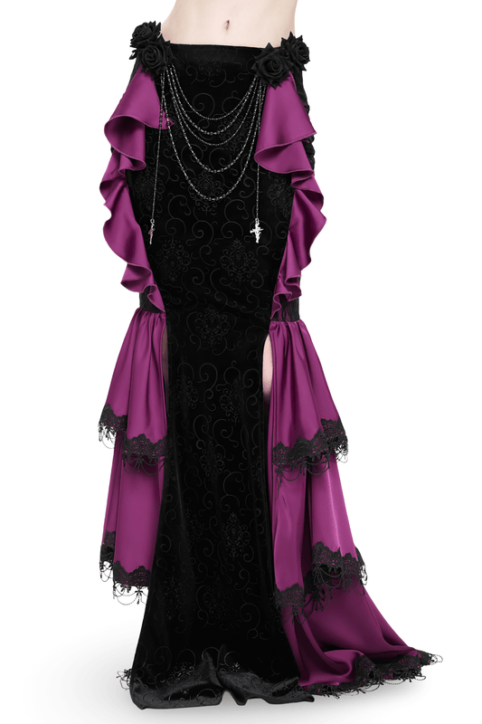 Gothic Velvet Maxi Skirt with Purple Ruffles and Chains