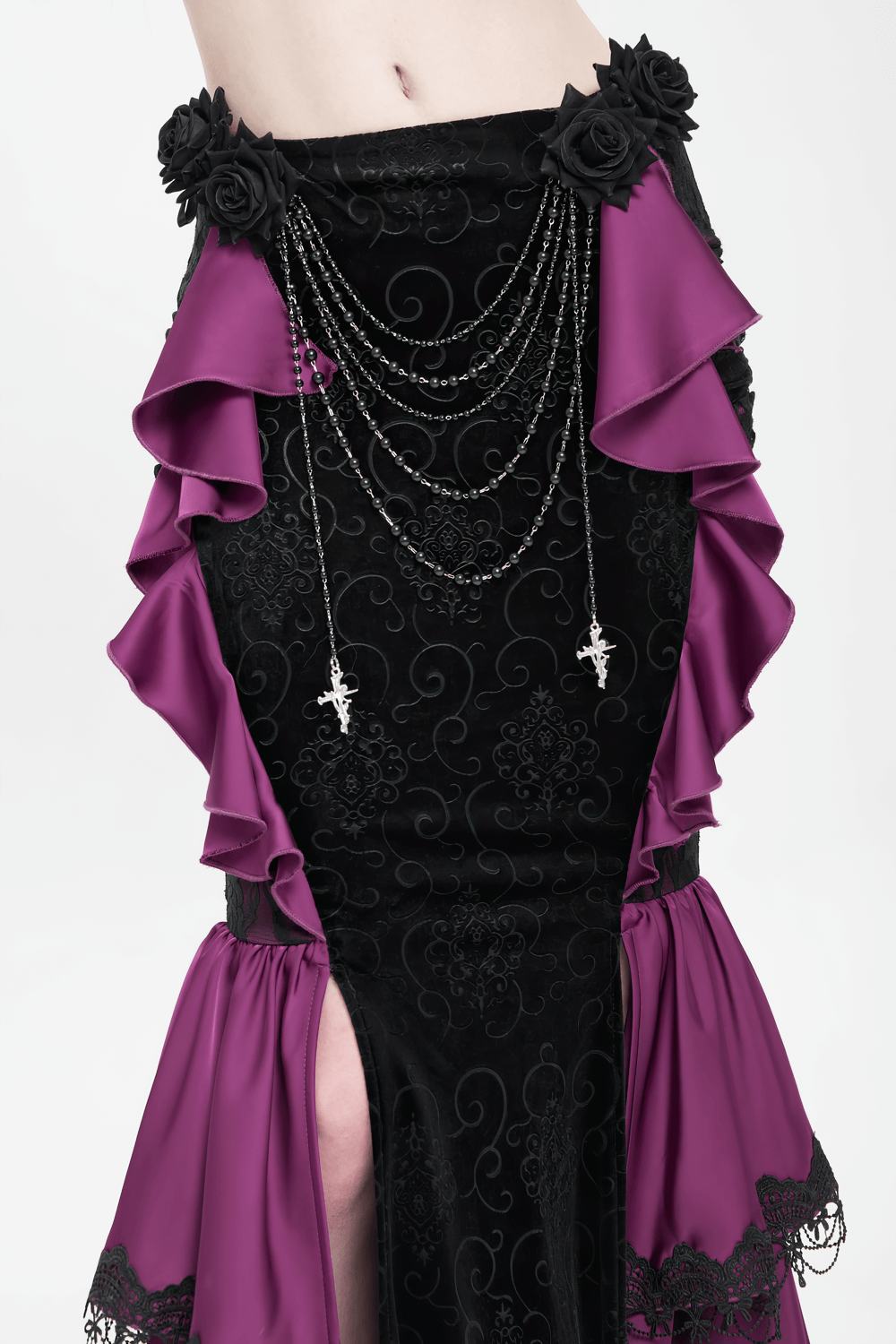 Gothic Velvet Maxi Skirt with Purple Ruffles and Chains