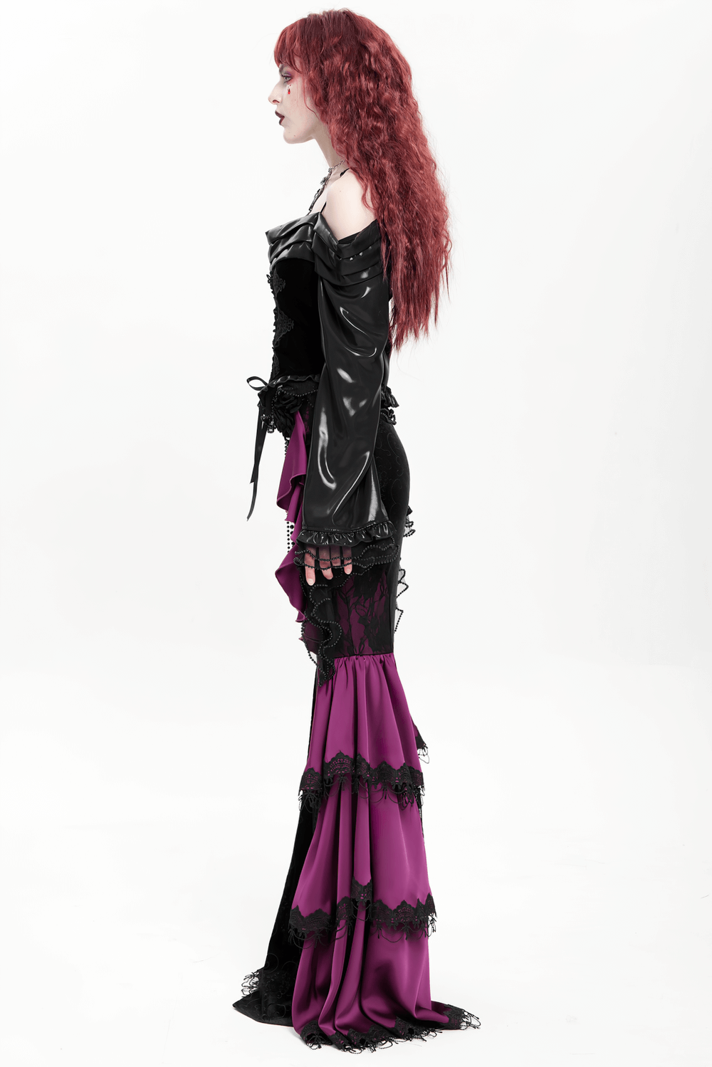 Gothic Velvet Maxi Skirt with Purple Ruffles and Chains