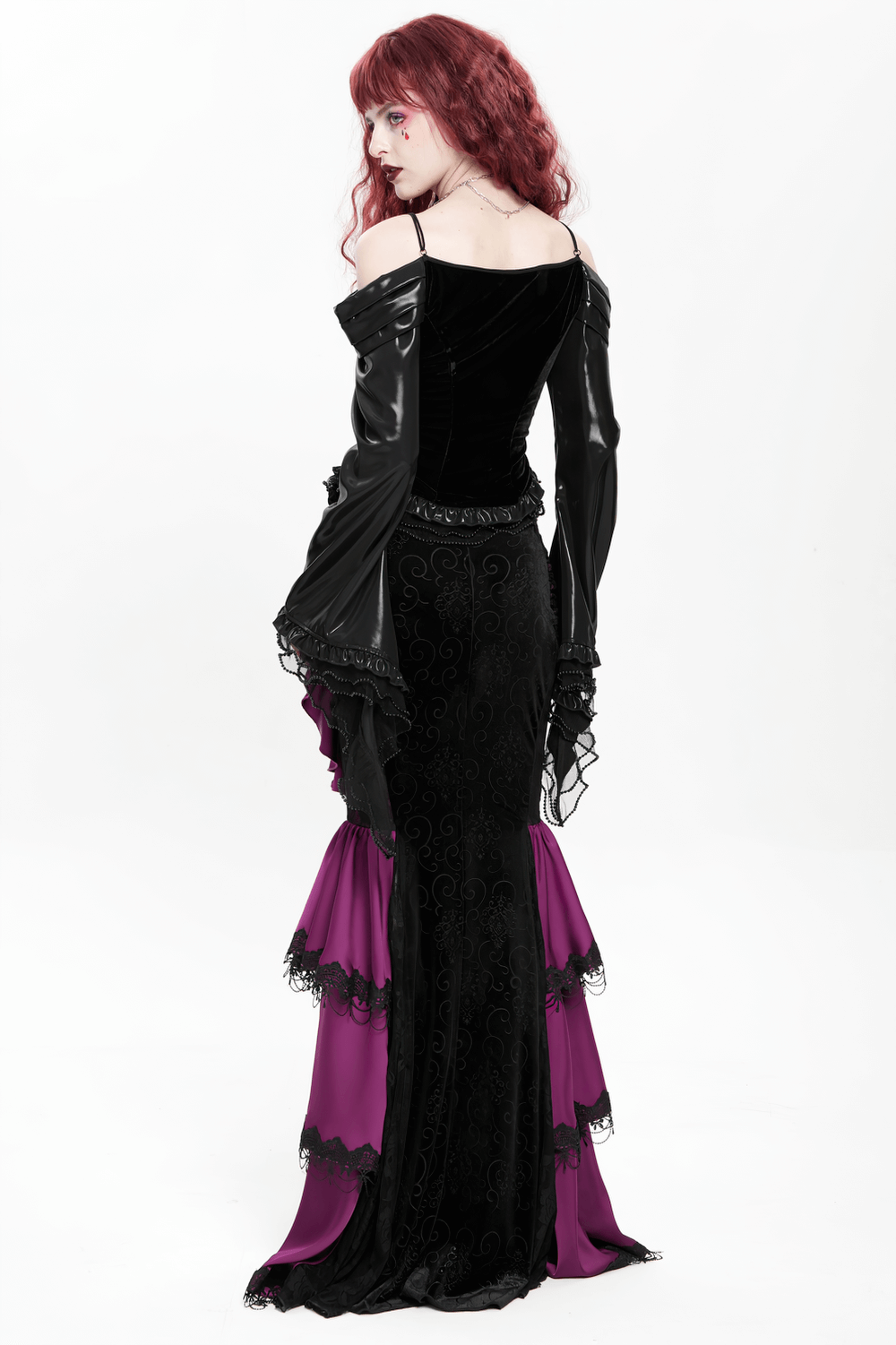 Gothic Velvet Maxi Skirt with Purple Ruffles and Chains