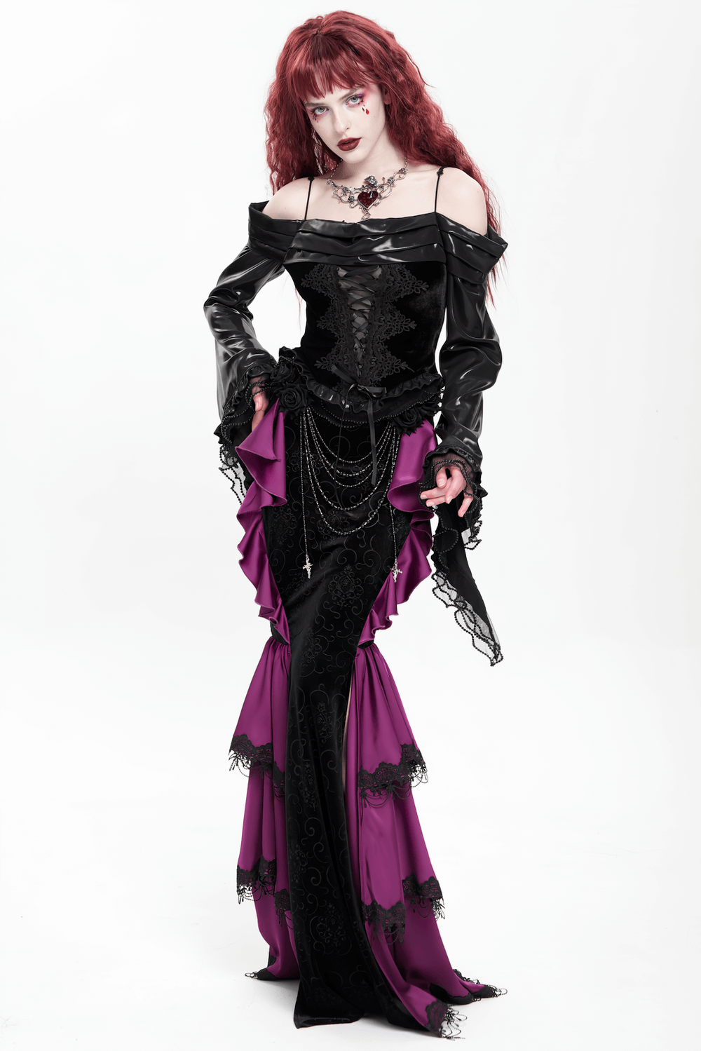 Gothic Velvet Maxi Skirt with Purple Ruffles and Chains