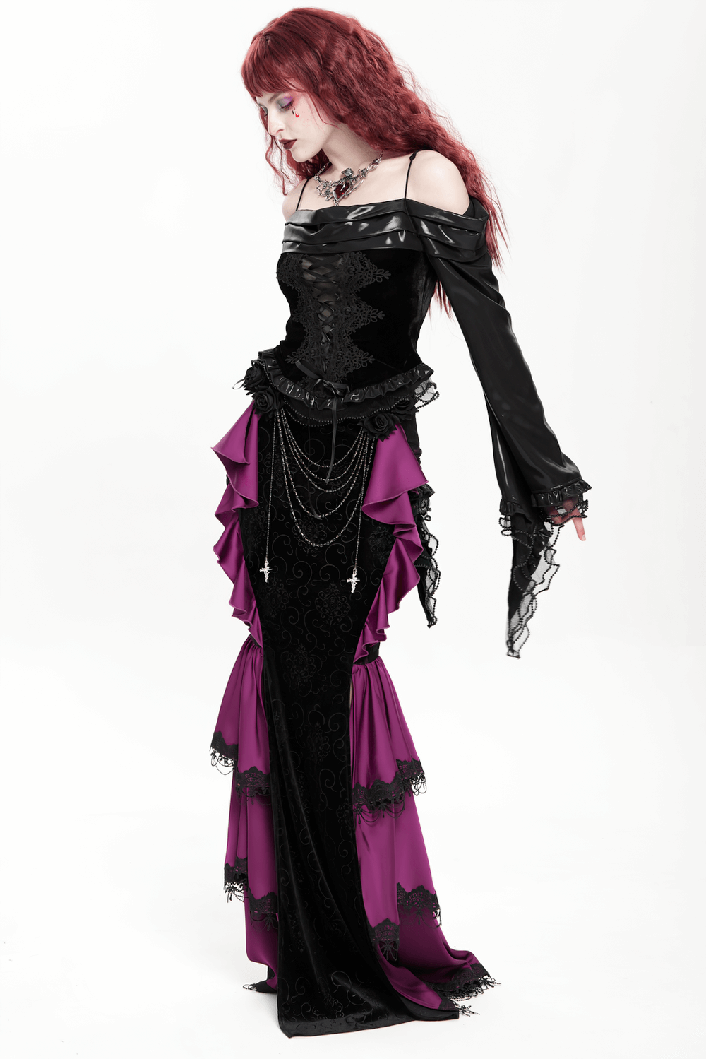 Gothic Velvet Maxi Skirt with Purple Ruffles and Chains