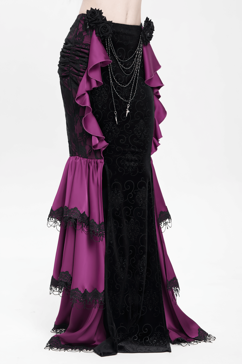 Gothic Velvet Maxi Skirt with Purple Ruffles and Chains