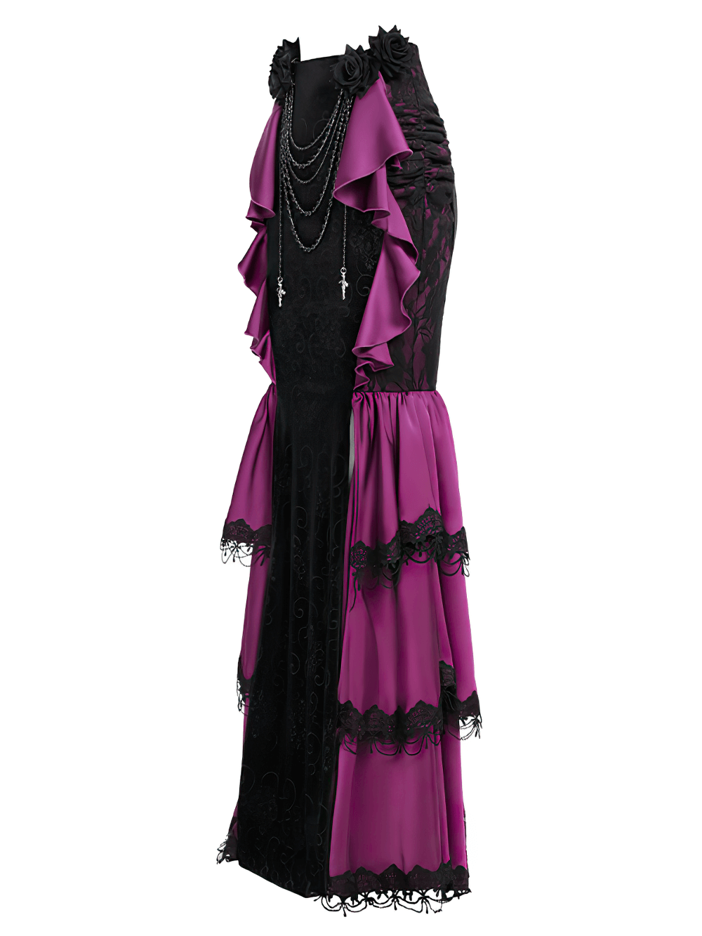 Gothic Velvet Maxi Skirt with Purple Ruffles and Chains