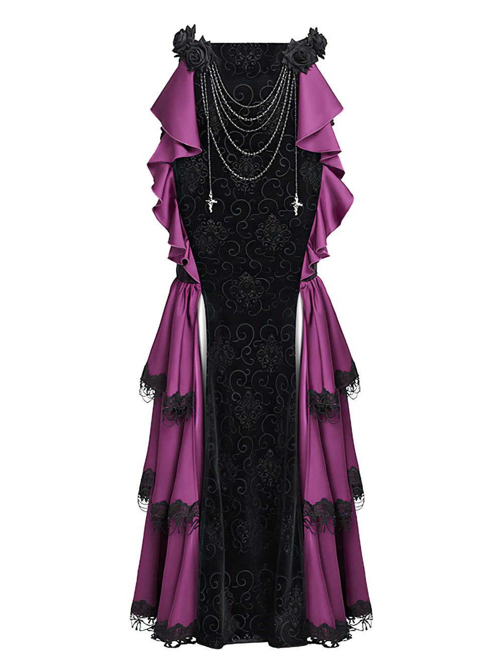 Gothic Velvet Maxi Skirt with Purple Ruffles and Chains