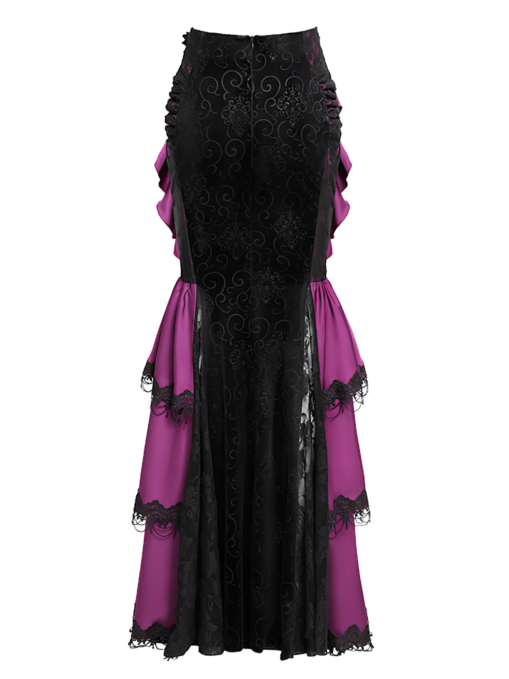 Gothic Velvet Maxi Skirt with Purple Ruffles and Chains