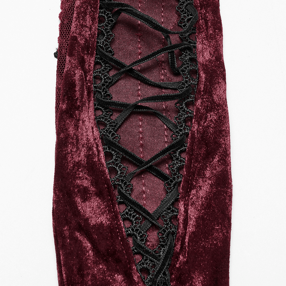 Gothic Velvet Opera Gloves with Black Lace Embroidery
