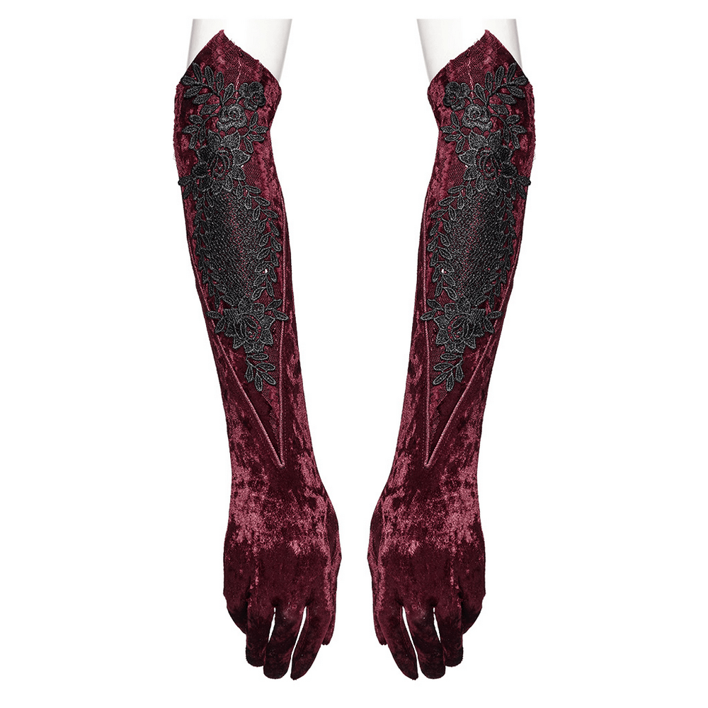 Gothic Velvet Opera Gloves with Black Lace Embroidery