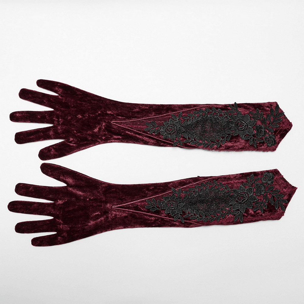Gothic Velvet Opera Gloves with Black Lace Embroidery