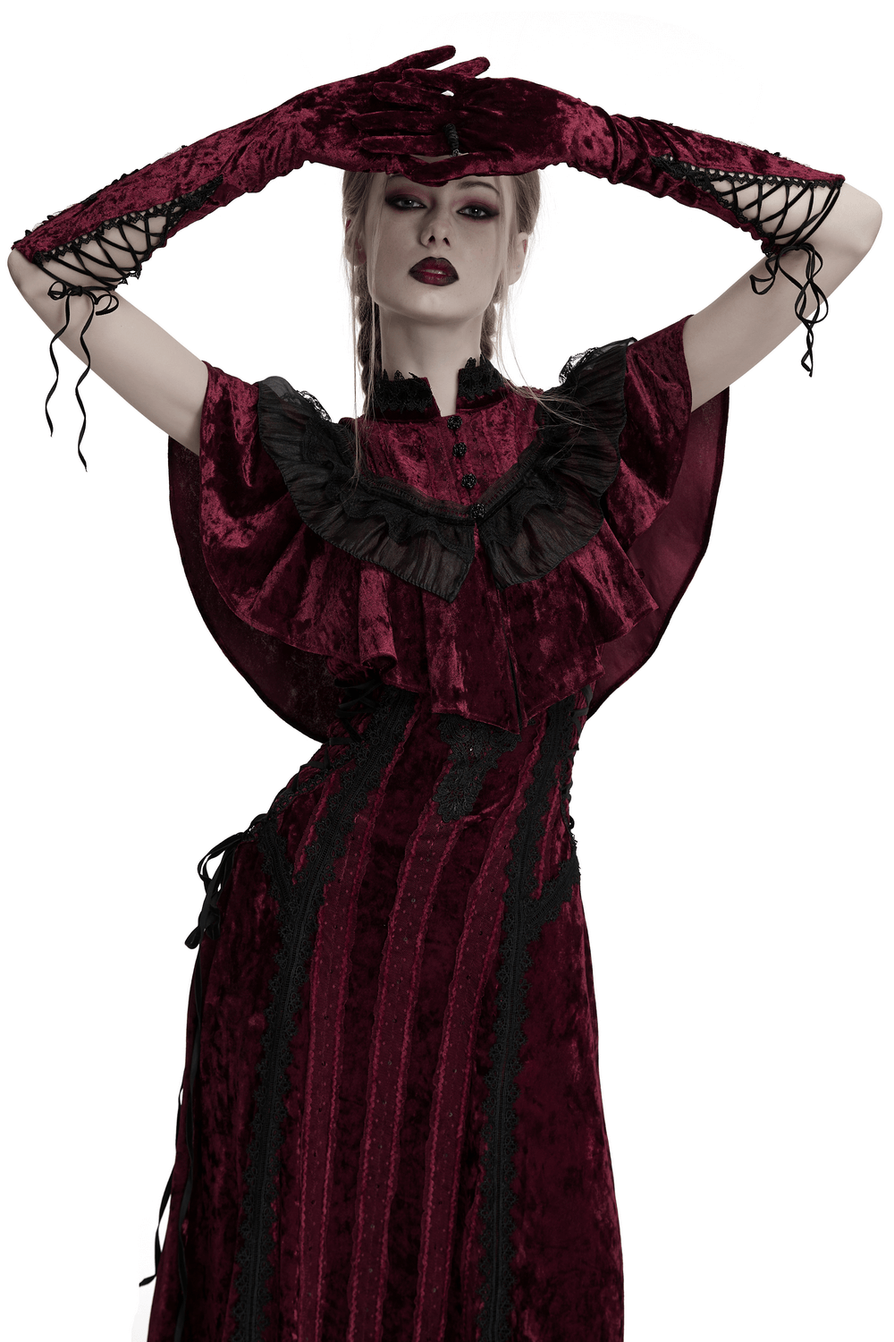 Gothic Velvet Opera Gloves with Black Lace Embroidery