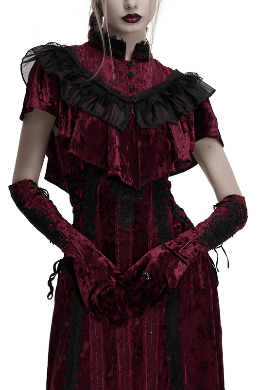 Gothic Velvet Opera Gloves with Black Lace Embroidery
