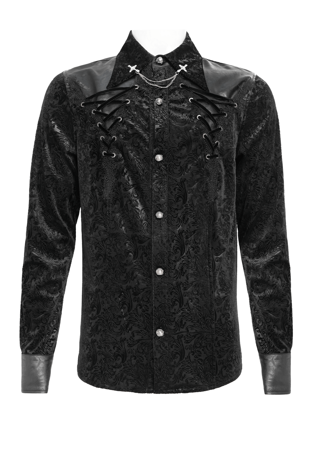 Gothic Velvet Shirt with Leather Trim and Lace-Up Detail