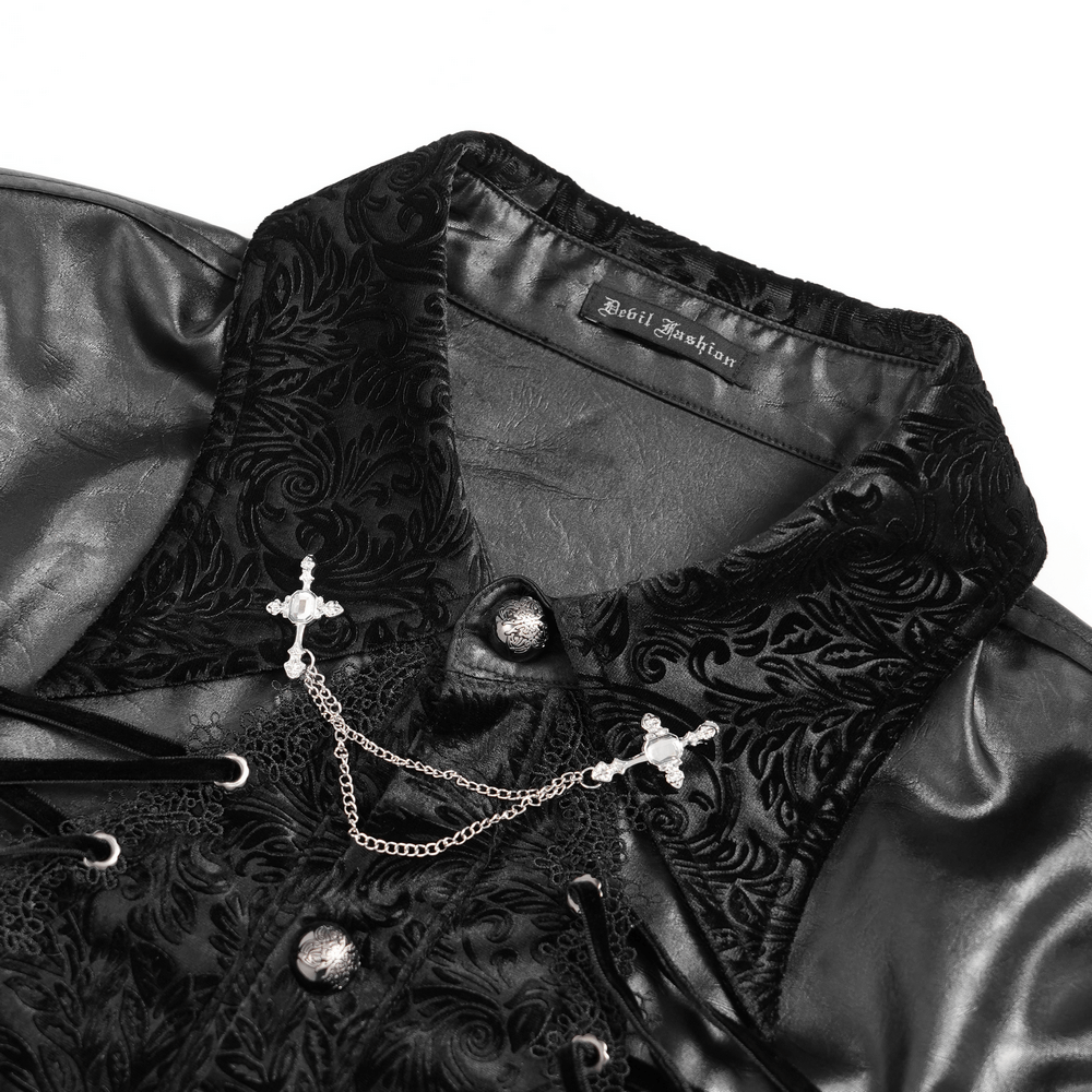 Gothic Velvet Shirt with Leather Trim and Lace-Up Detail