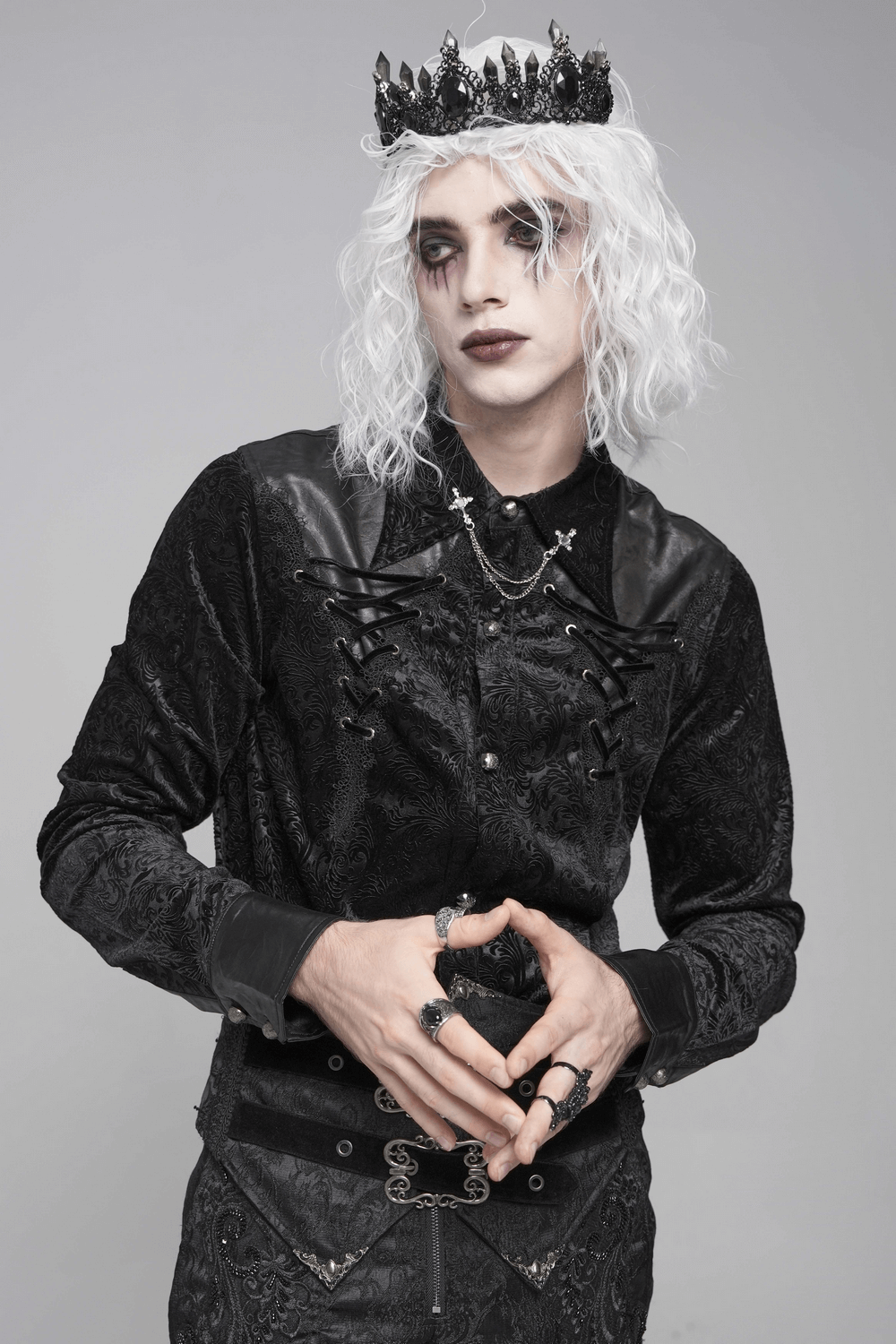Gothic Velvet Shirt with Leather Trim and Lace-Up Detail
