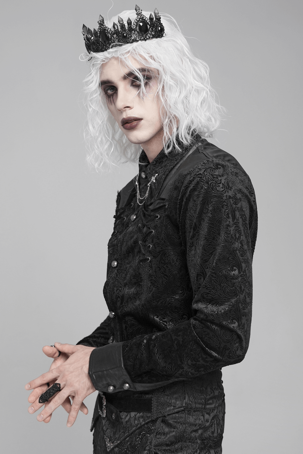 Gothic Velvet Shirt with Leather Trim and Lace-Up Detail