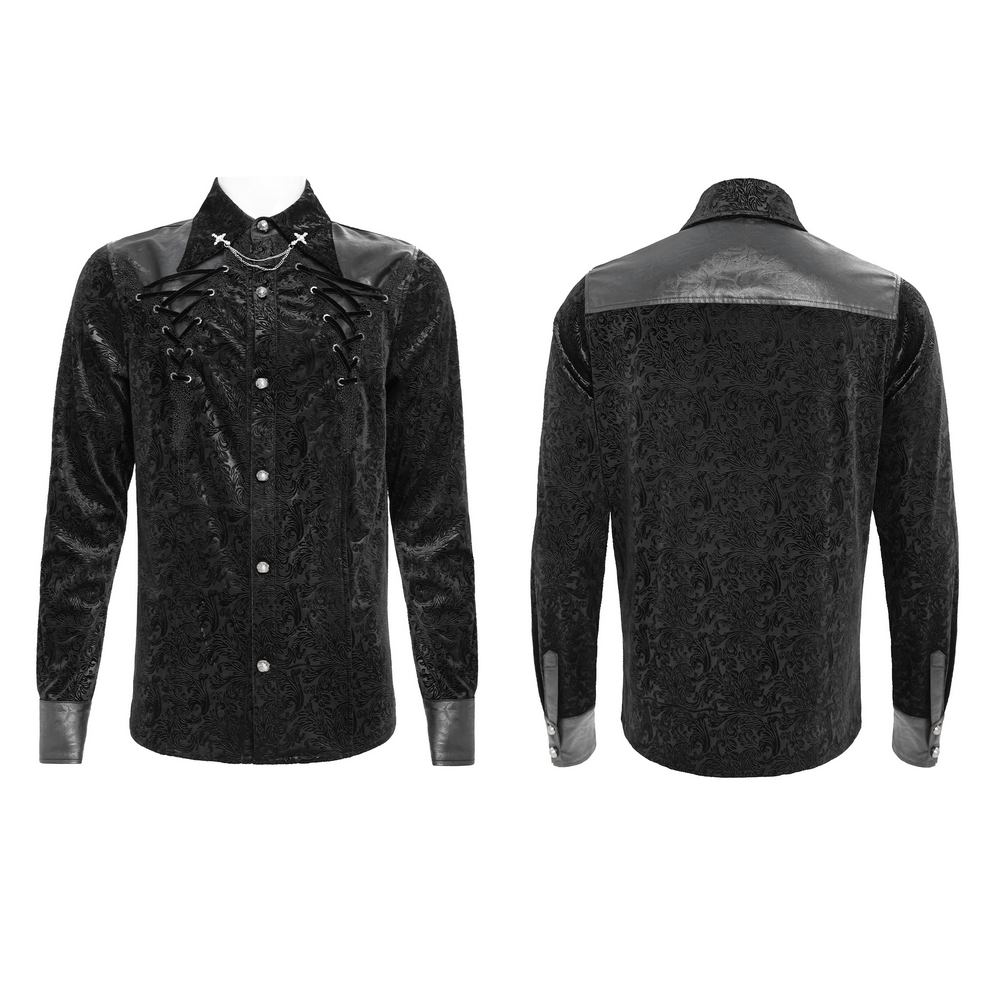 Gothic Velvet Shirt with Leather Trim and Lace-Up Detail