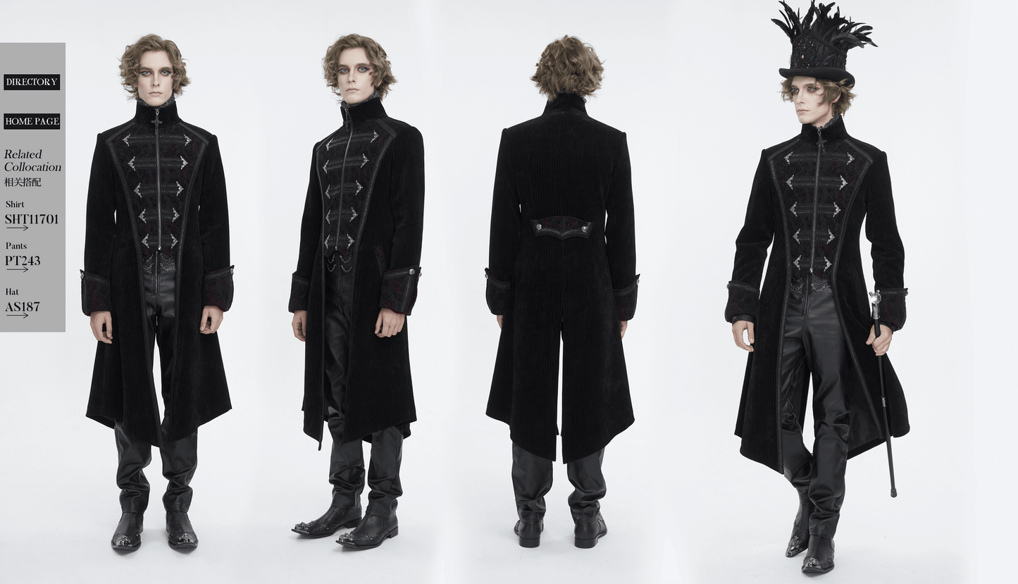 Gothic Velvet Tailcoat for Men with Embroidered Details