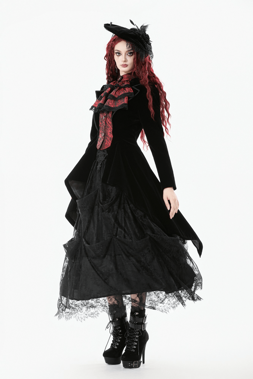 Gothic Velvet Tailcoat with Wine Red Ruffled Shirt Insert