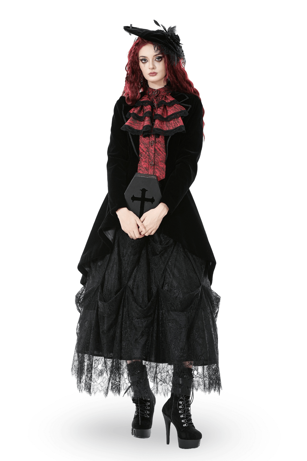 Gothic Velvet Tailcoat with Wine Red Ruffled Shirt Insert