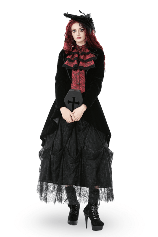 Gothic Velvet Tailcoat with Wine Red Ruffled Shirt Insert