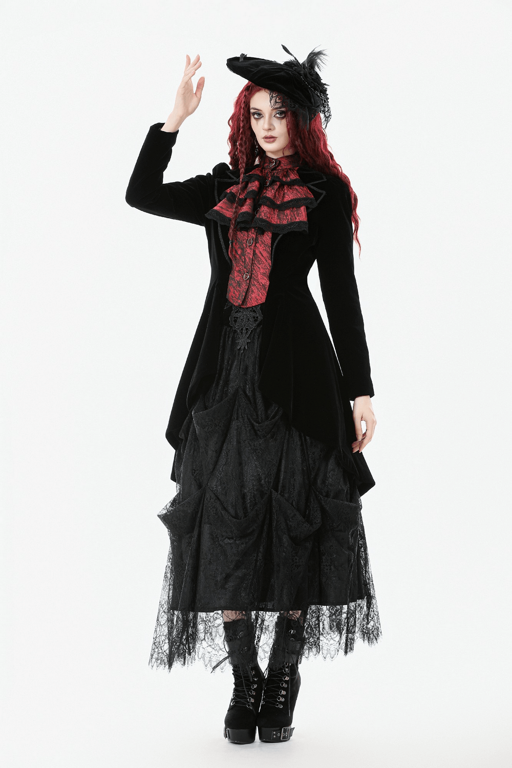Gothic Velvet Tailcoat with Wine Red Ruffled Shirt Insert