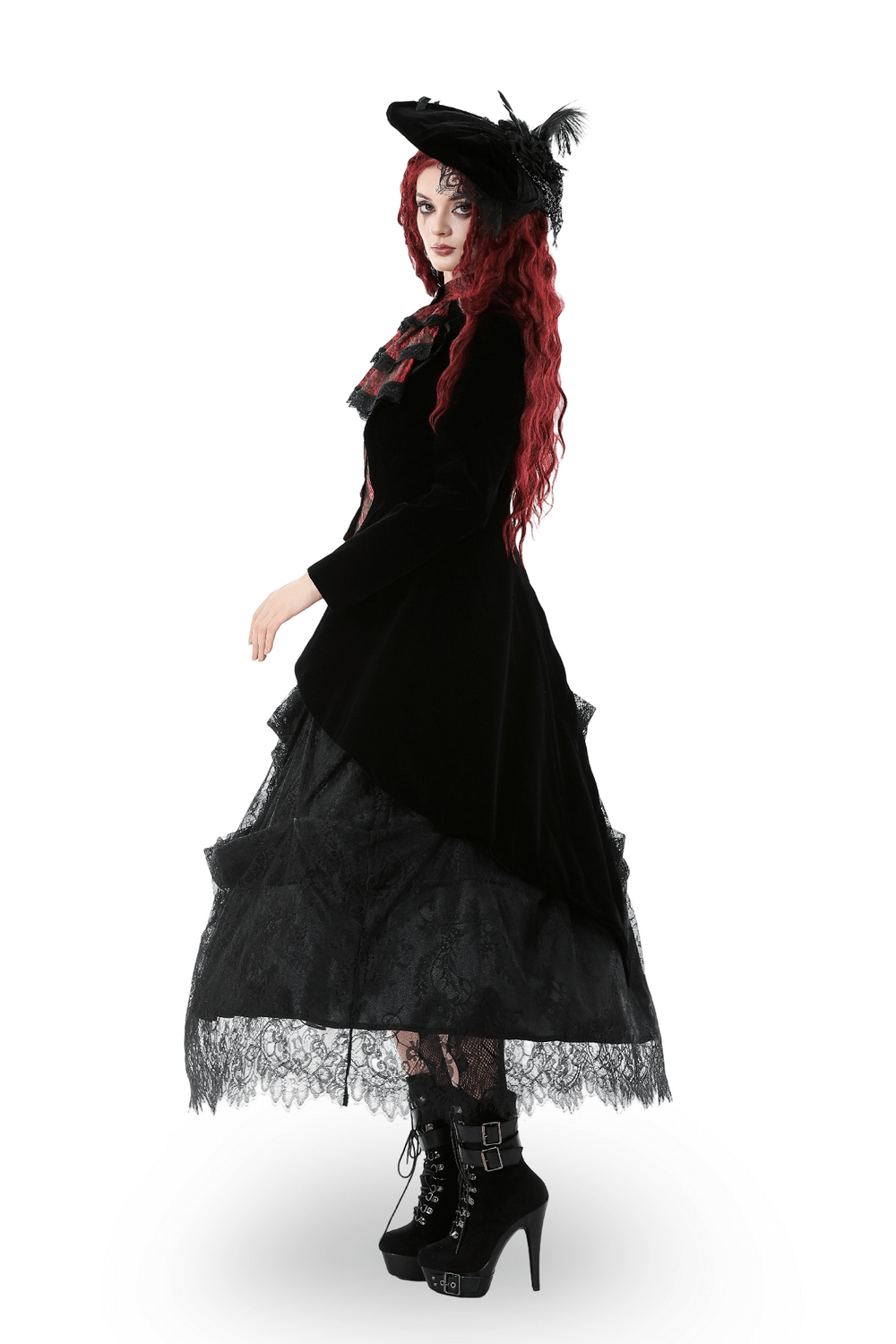 Gothic Velvet Tailcoat with Wine Red Ruffled Shirt Insert