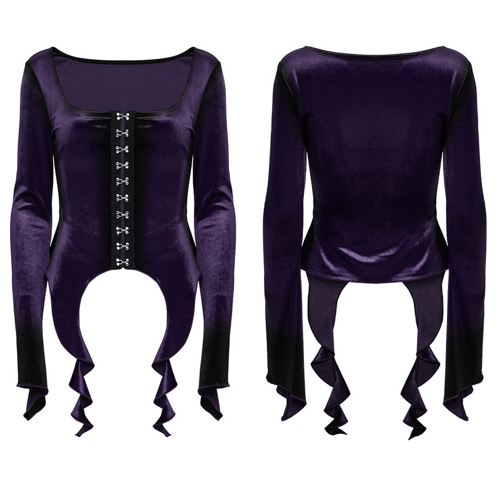 Gothic Velvet Top with Metal Buckles and Dramatic Hem