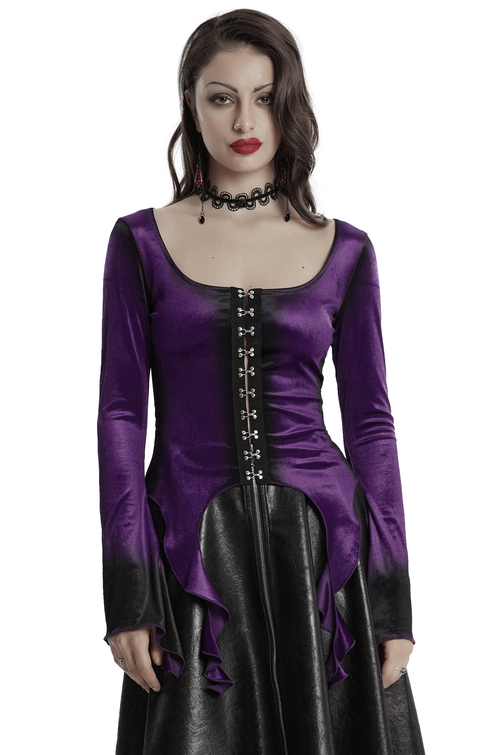 Gothic Velvet Top with Metal Buckles and Dramatic Hem