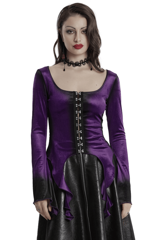Gothic Velvet Top with Metal Buckles and Dramatic Hem