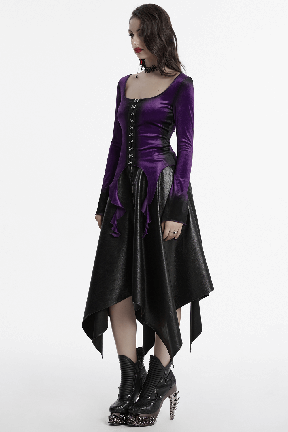 Gothic Velvet Top with Metal Buckles and Dramatic Hem