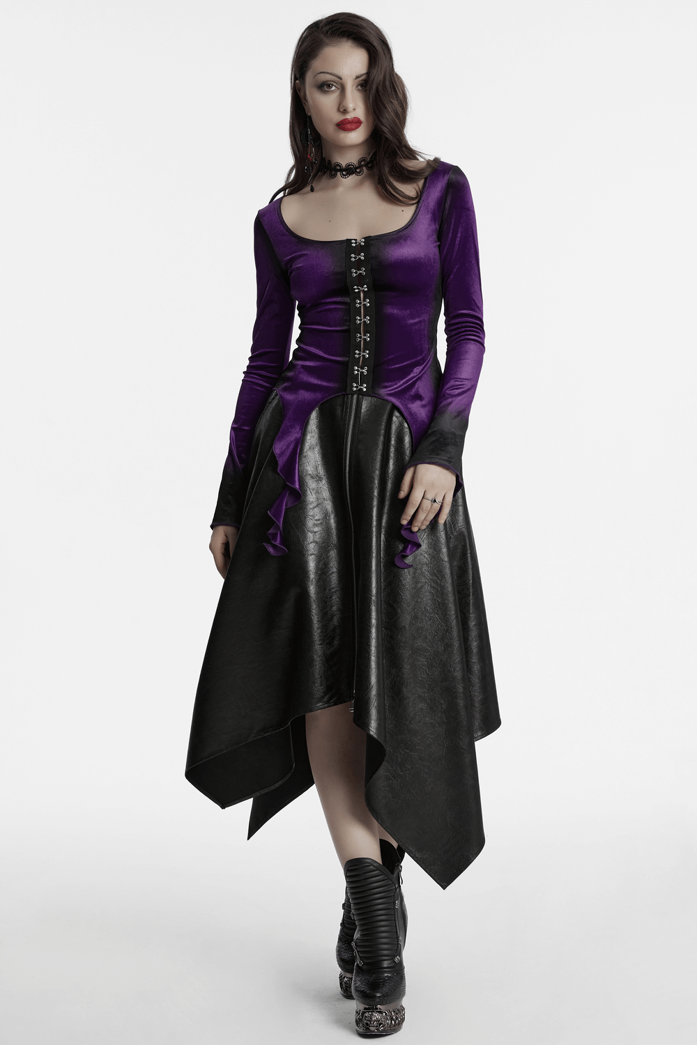 Gothic Velvet Top with Metal Buckles and Dramatic Hem
