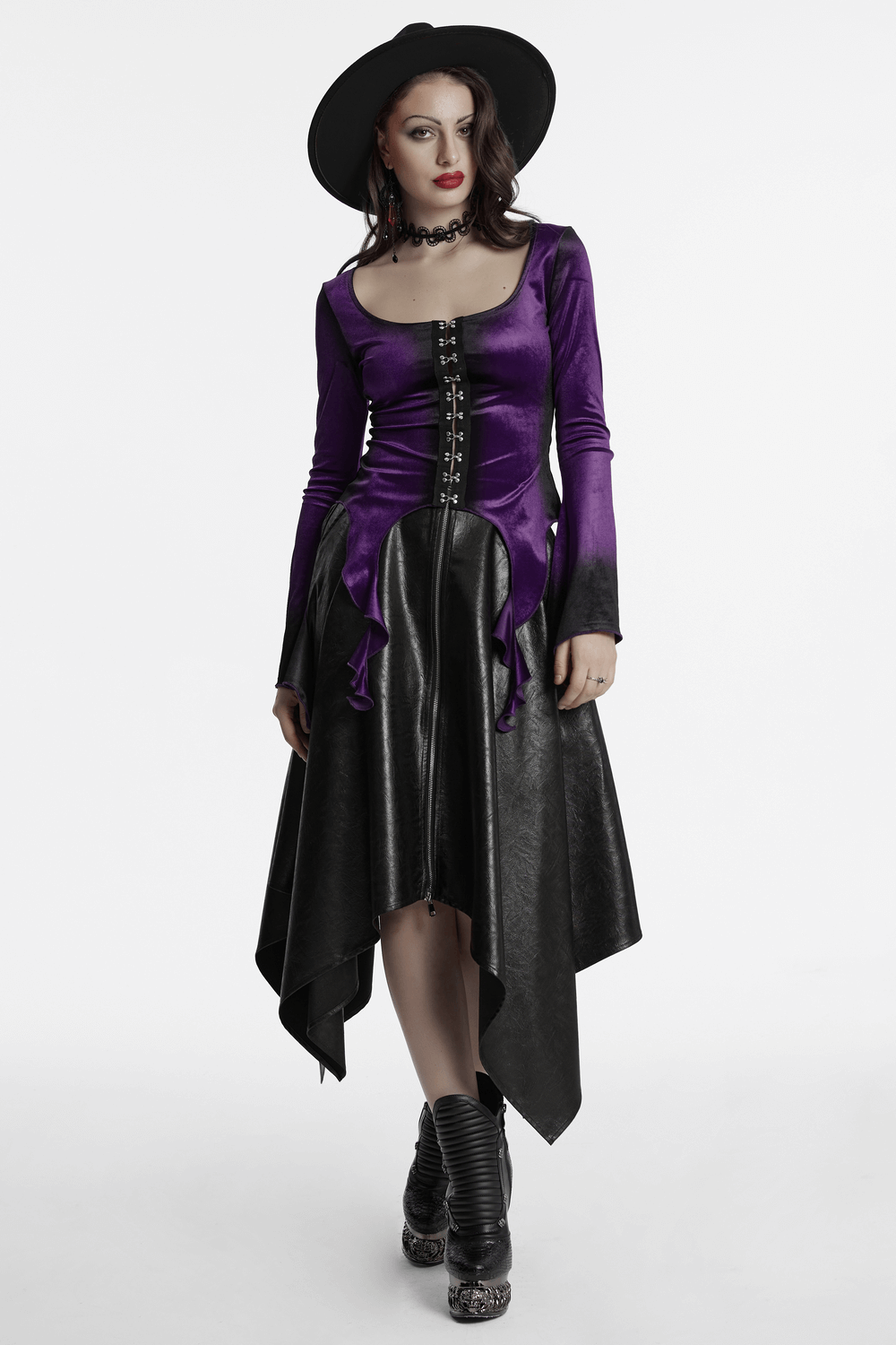 Gothic Velvet Top with Metal Buckles and Dramatic Hem