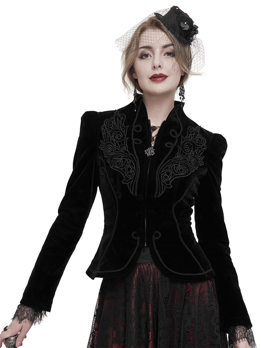 Gothic Velvet Zipper Black Jacket for Women / Vintage Jacket with Lace Applique and Decorative Buttons