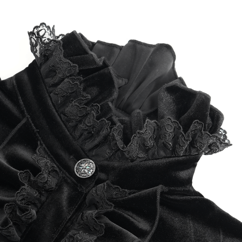 Gothic Victorian Black Velvet Blouse with Lace Details