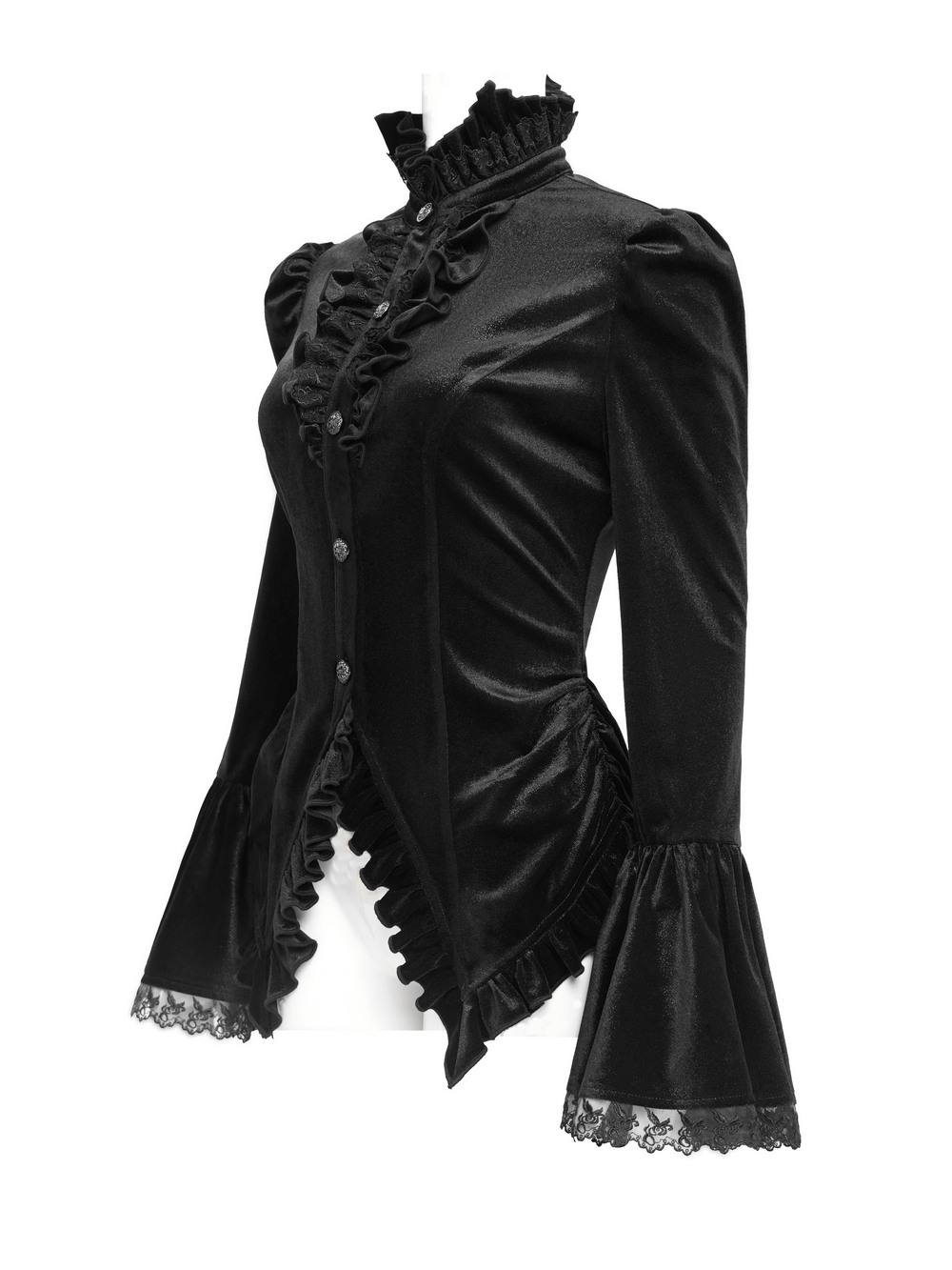 Gothic Victorian Black Velvet Blouse with Lace Details