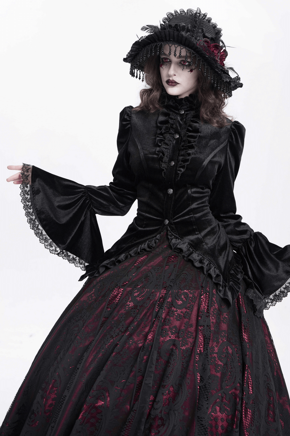Gothic Victorian Black Velvet Blouse with Lace Details