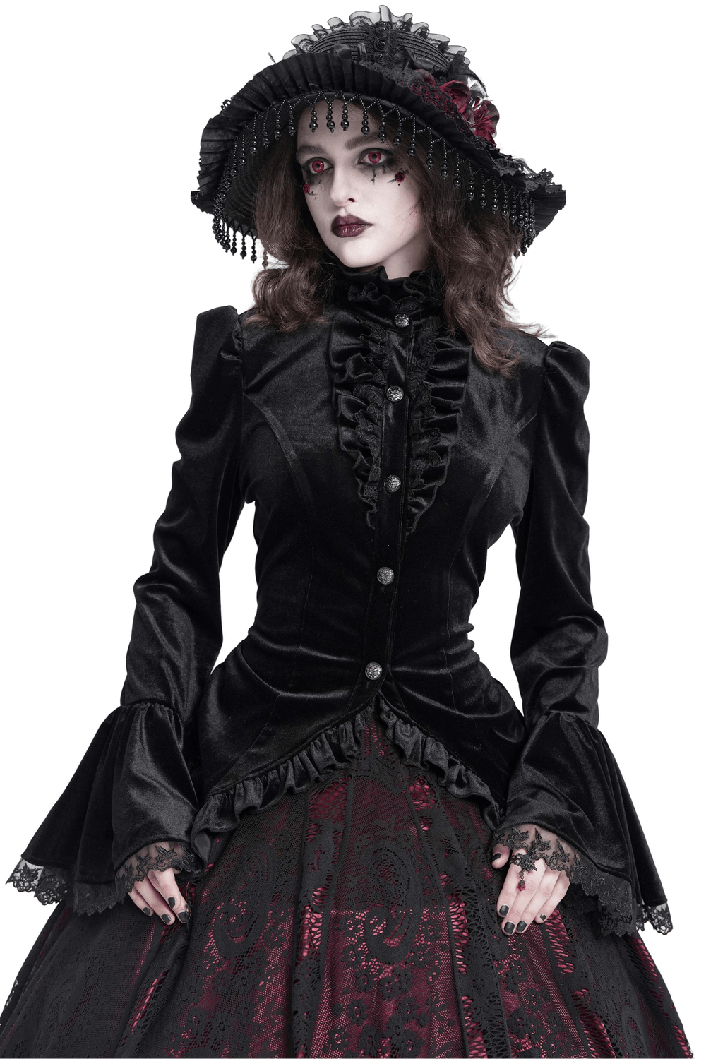 Gothic Victorian Black Velvet Blouse with Lace Details