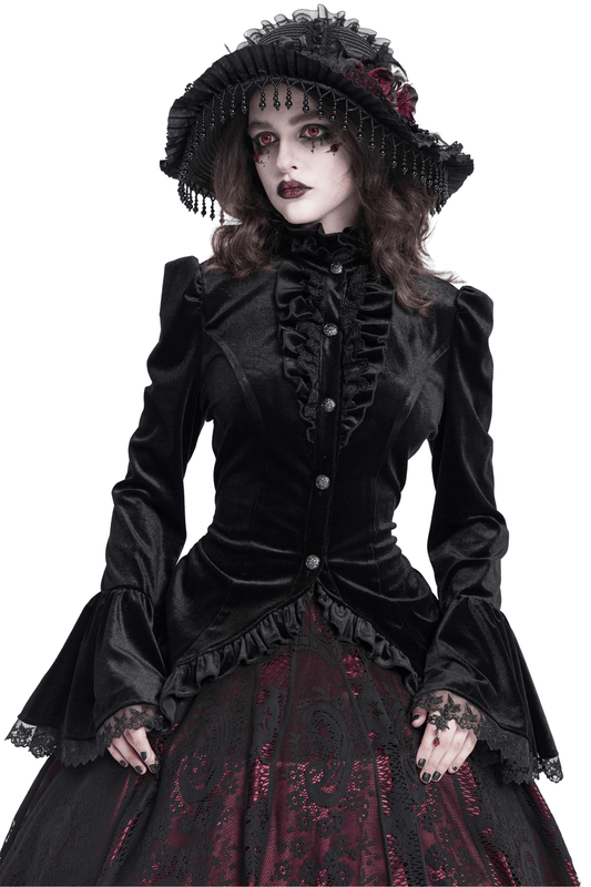 Gothic Victorian Black Velvet Blouse with Lace Details