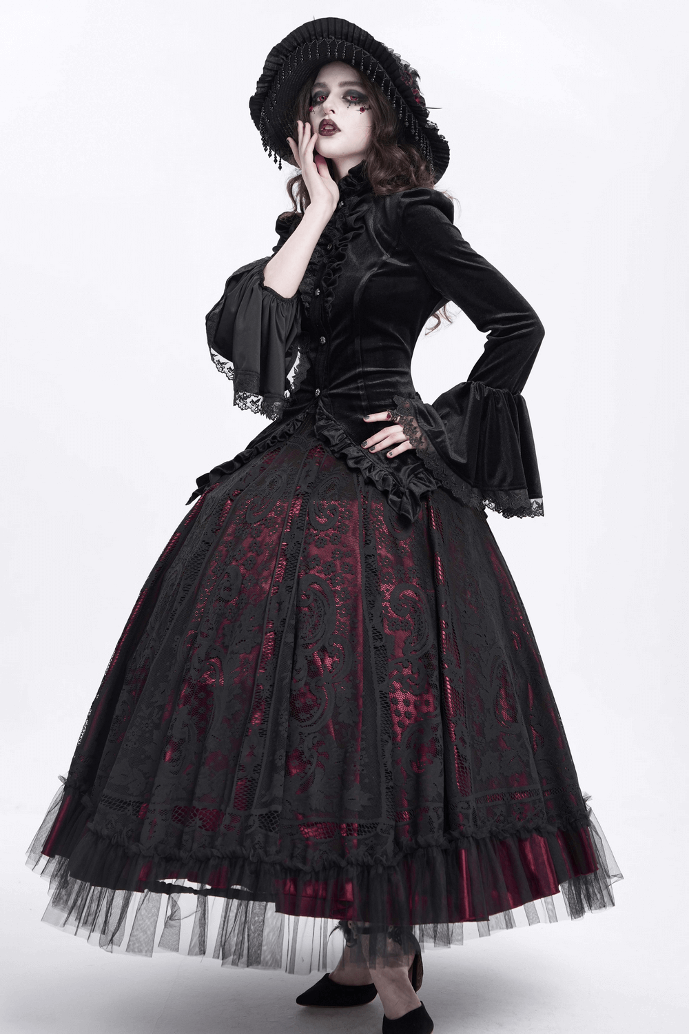 Gothic Victorian Black Velvet Blouse with Lace Details