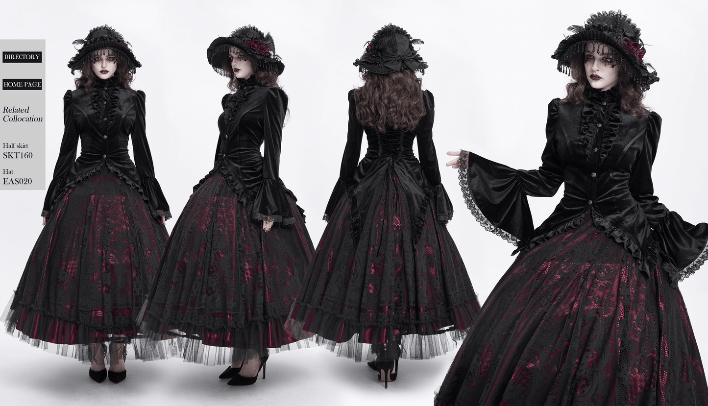 Gothic Victorian Black Velvet Blouse with Lace Details