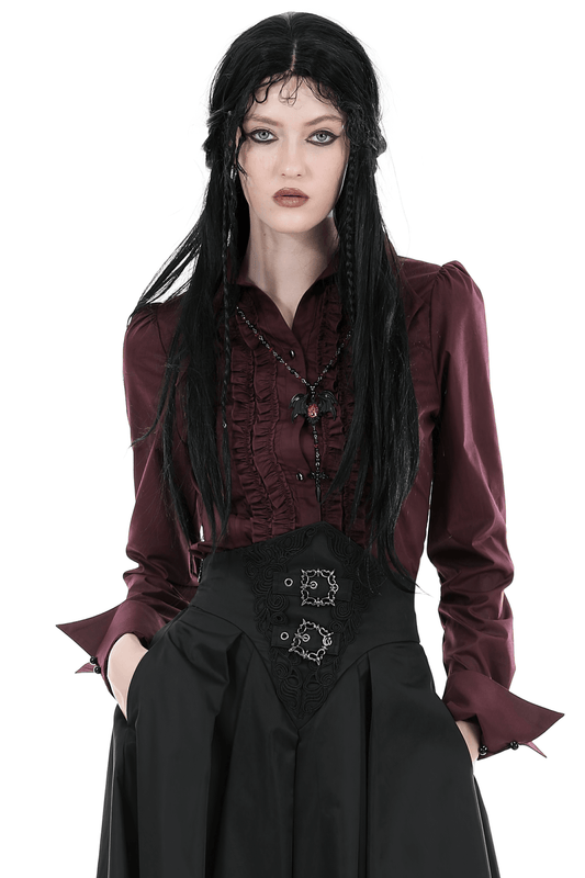 Gothic Victorian Burgundy Ruffled Blouse with Lace Detail