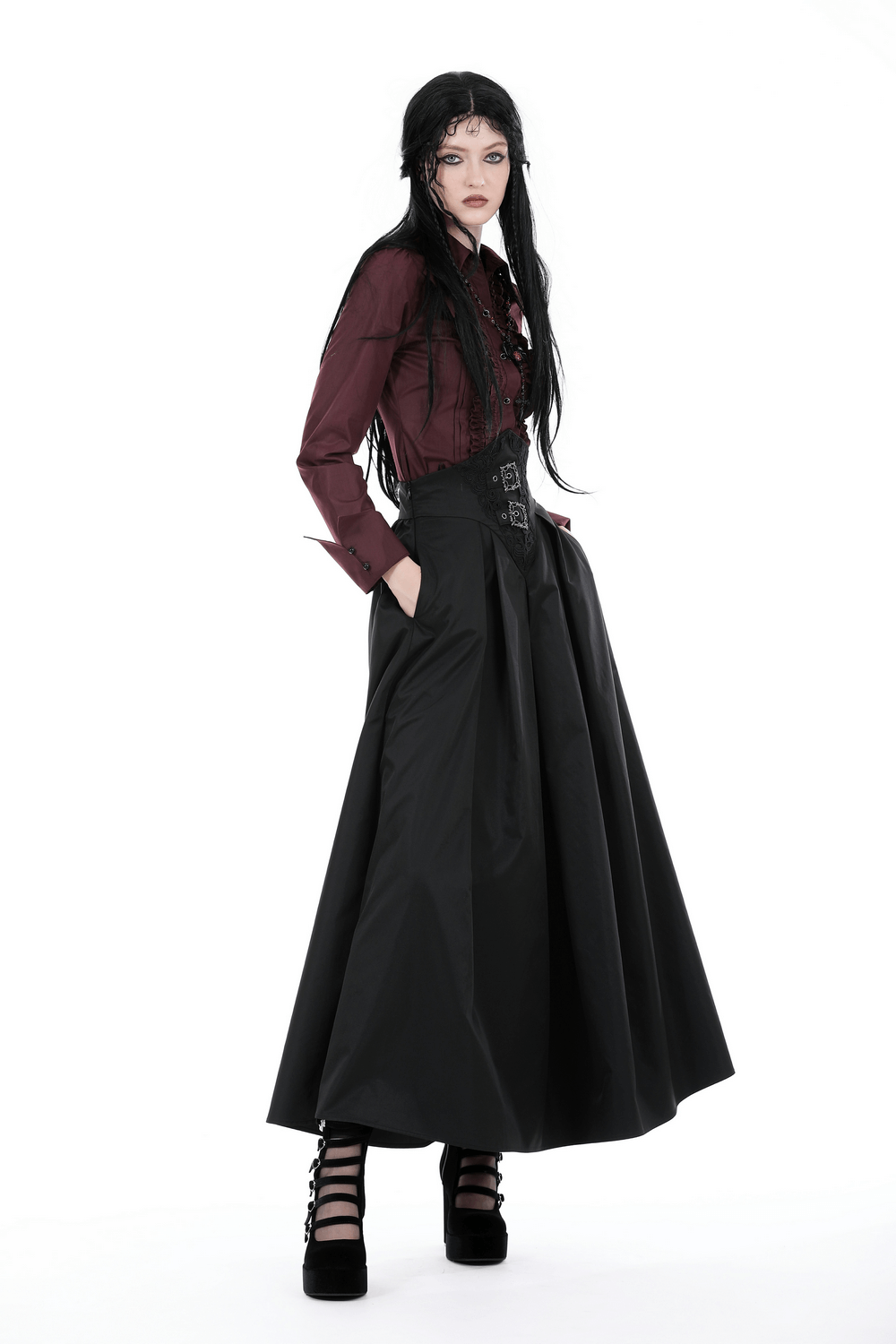 Gothic Victorian Burgundy Ruffled Blouse with Lace Detail