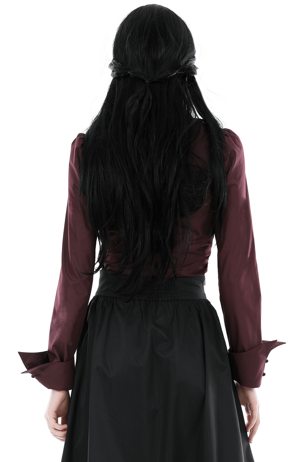 Gothic Victorian Burgundy Ruffled Blouse with Lace Detail