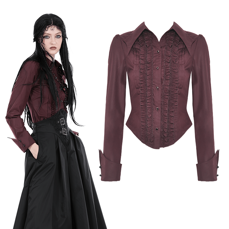 Gothic Victorian Burgundy Ruffled Blouse with Lace Detail