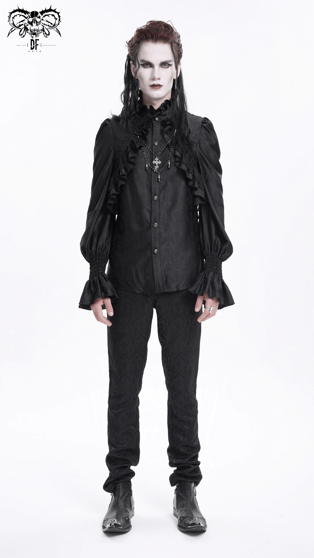 Gothic Victorian High Neck Shirt with Ruffle Front