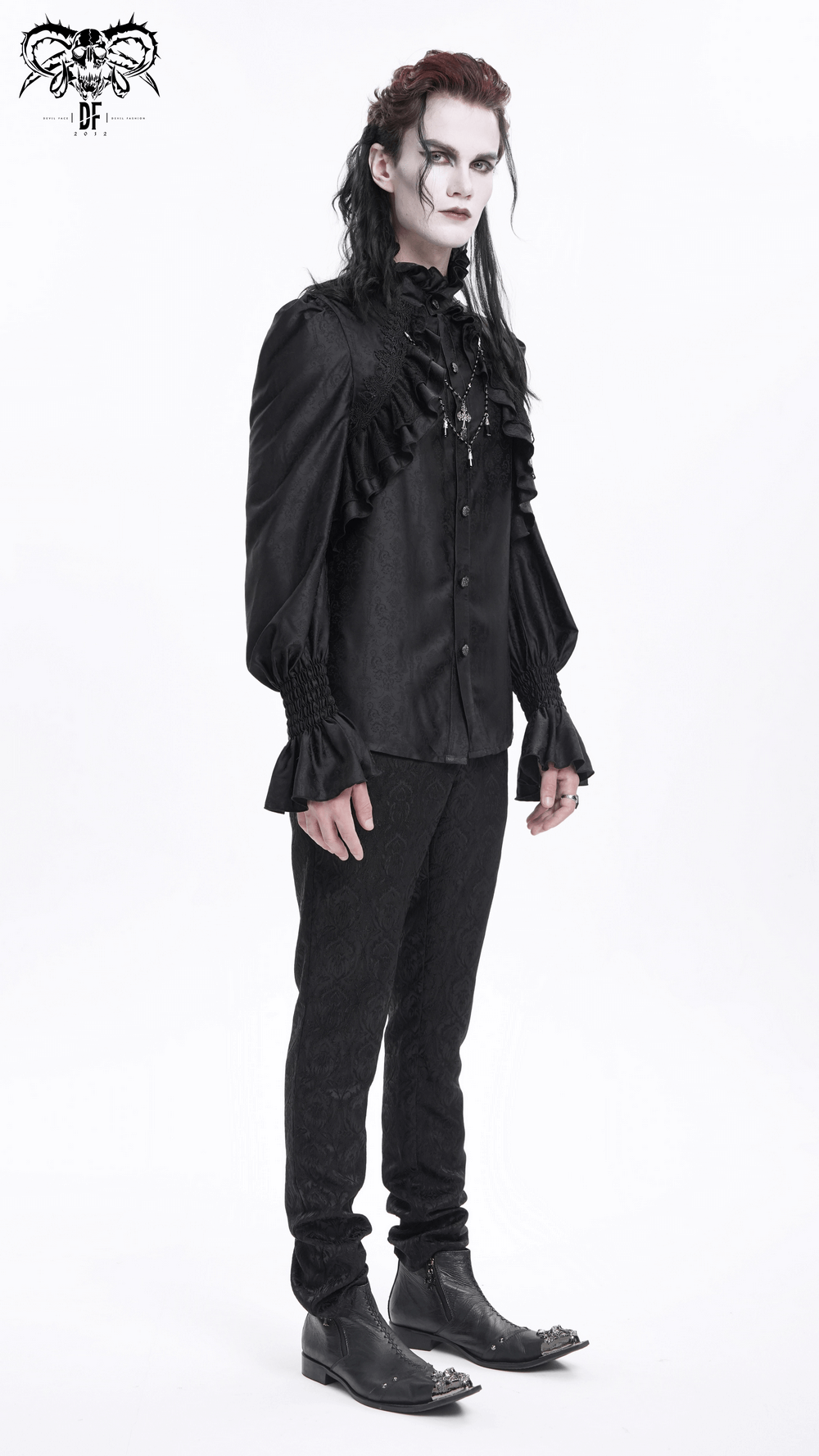 Gothic Victorian High Neck Shirt with Ruffle Front