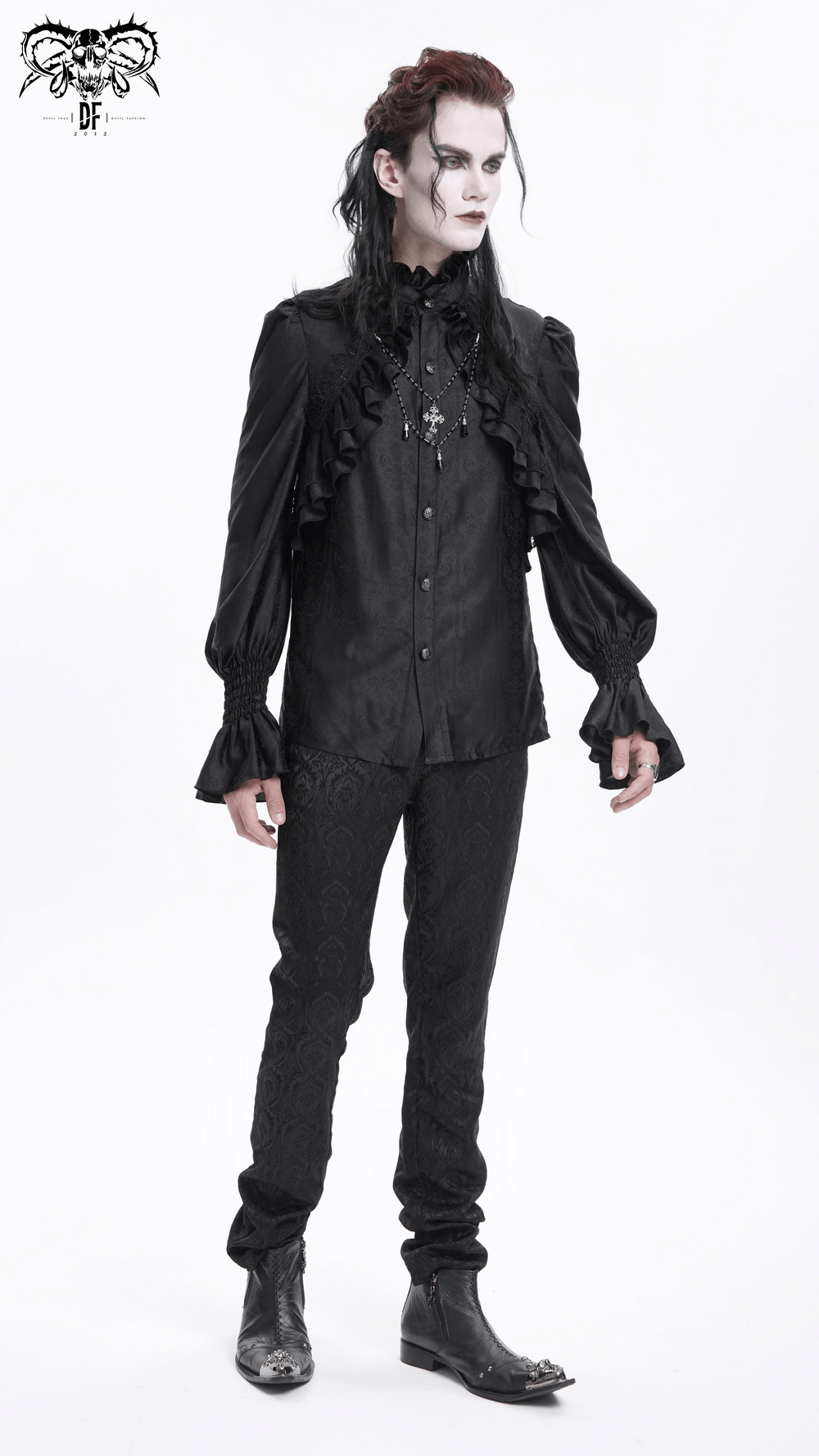 Gothic Victorian High Neck Shirt with Ruffle Front