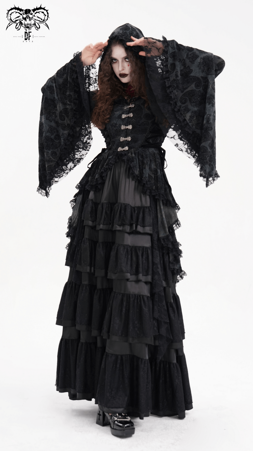 Gothic Victorian Hooded Lace Cape with Asymmetrical Hem