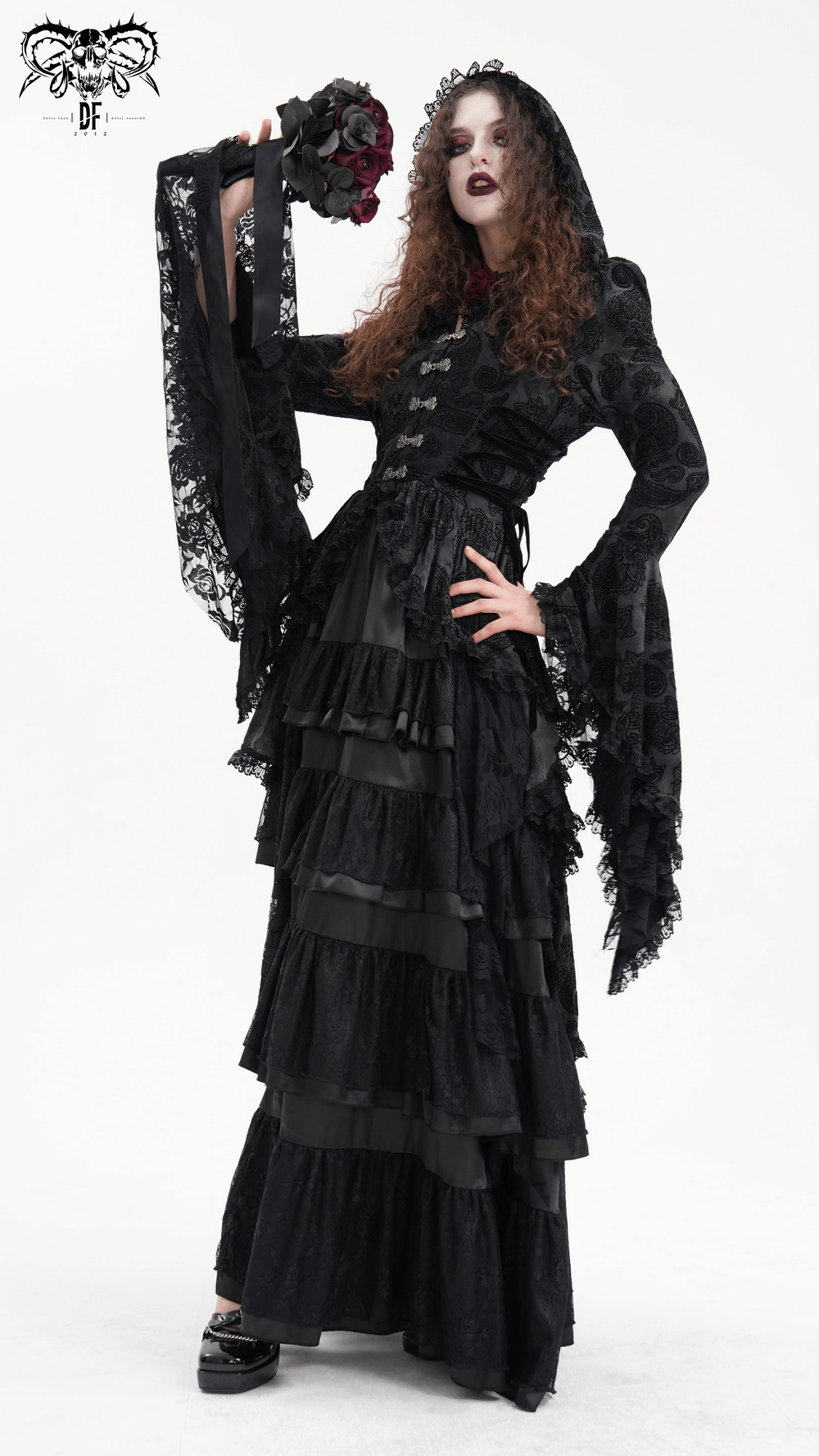 Gothic Victorian Hooded Lace Cape with Asymmetrical Hem